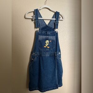 Vintage Tweety‎ Embroidered Denim Shortall Skort Sz Medium Kidcore Disney